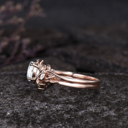 Unique Moon Leaf Nature Inspired Wedding Ring Set 1ct Round Diamond Moissanite Engagement Ring Set 14k Rose Gold 2pcs Bridal Ring Set Women