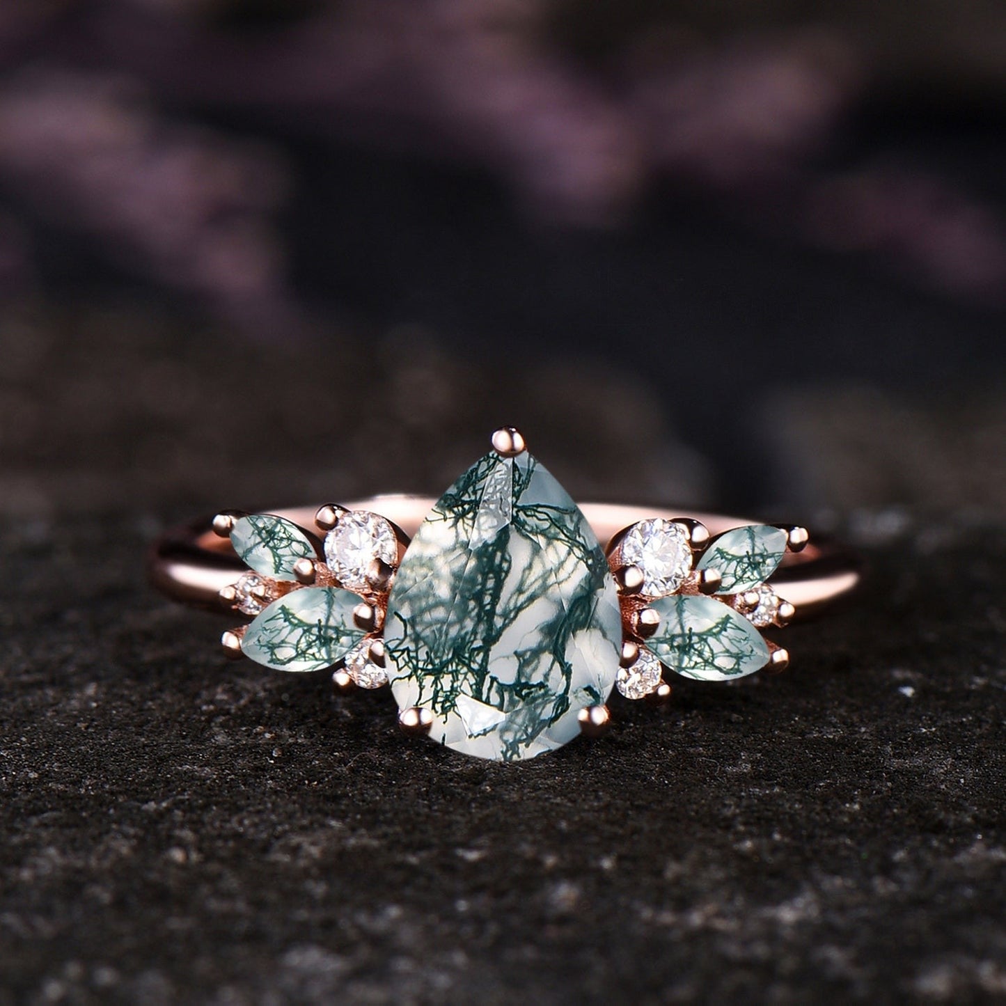 Unique Teardrop Moss Agate Engagement Ring Set Vintage Moissanite Cluster Wedding Ring 14k Rose Gold Sterling Silver 2pcs Bridal Ring Set
