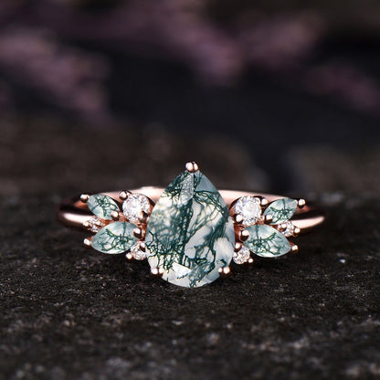 Unique Teardrop Moss Agate Engagement Ring Set Vintage Moissanite Cluster Wedding Ring 14k Rose Gold Sterling Silver 2pcs Bridal Ring Set