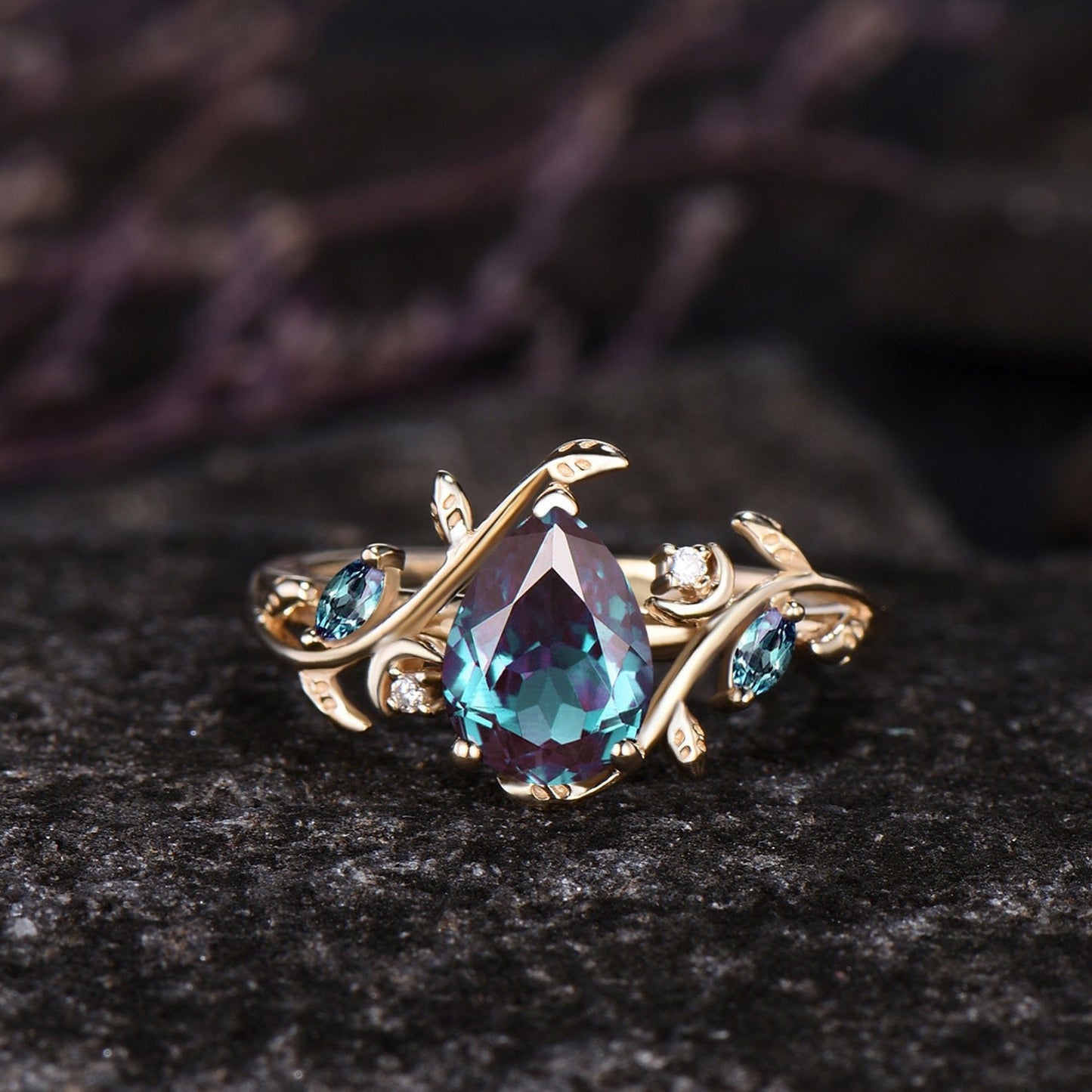 June Birthstone Pear Cut Alexandrite Engagement Ring Set Unique 14k Rose Gold Leaf Vine Twig Branch Nature Inspired Ring Moon Jewelry Gift