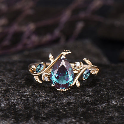 June Birthstone Pear Cut Alexandrite Engagement Ring Set Unique 14k Rose Gold Leaf Vine Twig Branch Nature Inspired Ring Moon Jewelry Gift