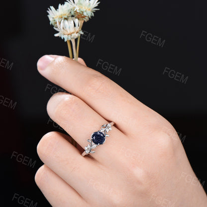 1ct Nature Inspired Round Cut Blue Sandstone Engagement Ring Cluster Moissanire Diamond Ring Blue Goldstone Promise Ring Anniversary Gift Women