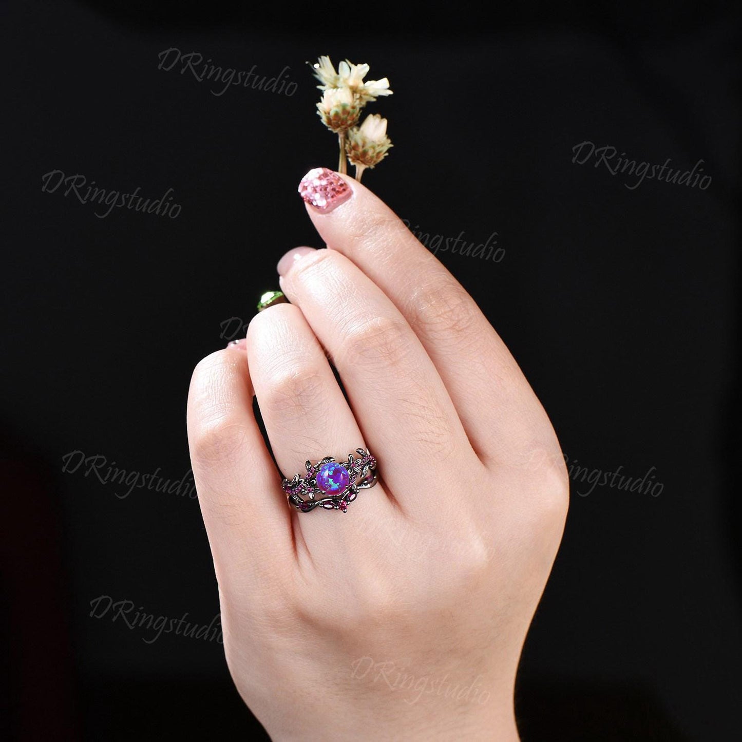 1ct Round Cut Lavender Opal Engagement Ring Set Vintage Black Gold Wedding Ring Leaf Flower Purple Opal Ring with Ruby