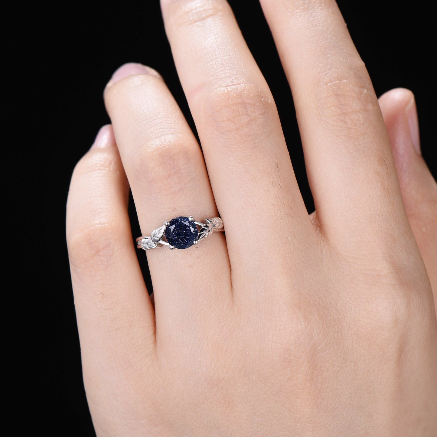 Round Galaxy Blue Sandstone Engagement Ring Vintage Nature Inspired Blue Goldstone Rings Leaves Wedding Ring Unique Solitaire Promise Ring