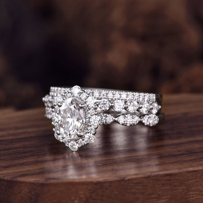 Vintage Moissanite engagement ring set unique white gold engagement ring women 2mm round cut wedding band Bridal Promise ring Platinum ring