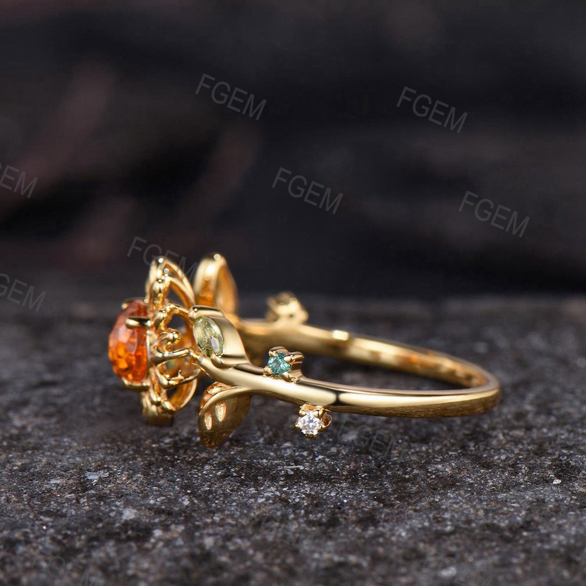 Sunflower Fireworks Cut Spessartite Garnet Engagement Ring Nature Inspired 18k Gold Women Proposal Ring Peridot Leaf Vintage Promise Ring