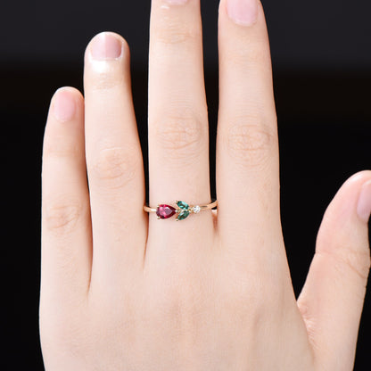 Unique Emerald Ruby Proposal Ring Dainty Rose Flower Promise Ring Pear Cut Red Ruby Ring July Birthstone Minimalist Floral Wedding Ring Gift