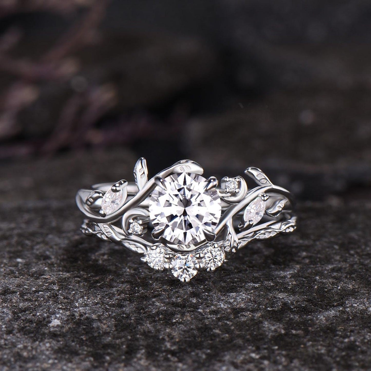 Unique Moon Leaf Nature Inspired Wedding Ring Set 1ct Round Diamond Moissanite Engagement Ring Set 14k Rose Gold 2pcs Bridal Ring Set Women