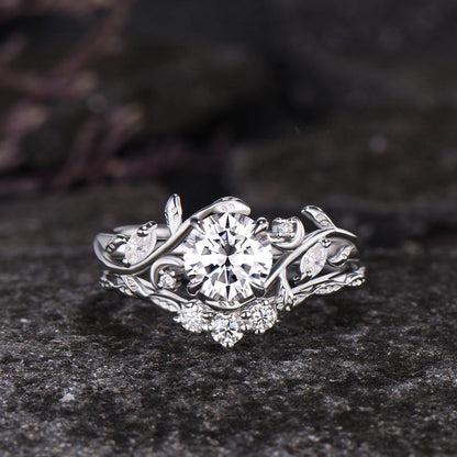 Unique Moon Leaf Nature Inspired Wedding Ring Set 1ct Round Diamond Moissanite Engagement Ring Set 14k Rose Gold 2pcs Bridal Ring Set Women