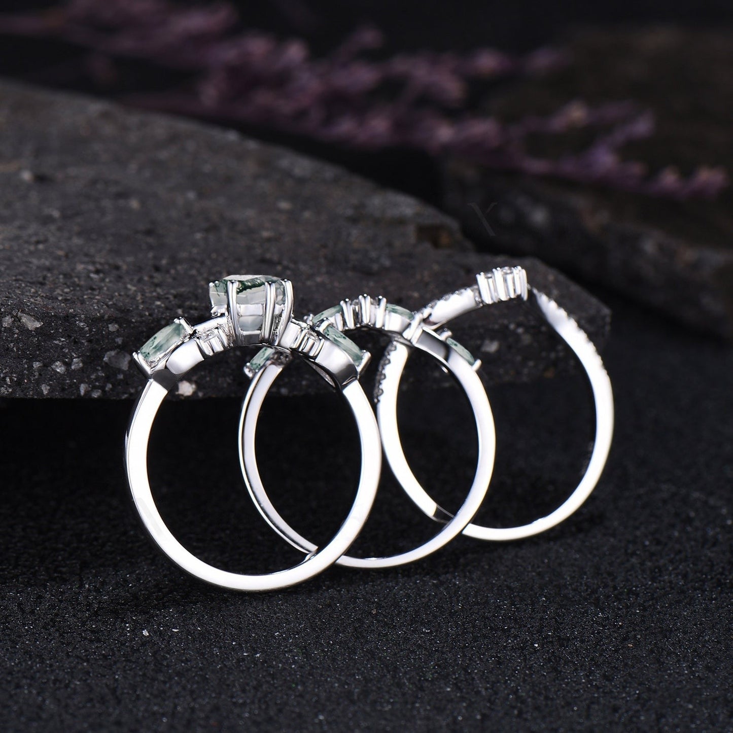 Unique Kite Cut Moss Agate Engagement Ring Set Vintage Round Moissanite Half Eternity Ring Art Deco 14k Rose Gold 3pcs Bridal Ring Set Women