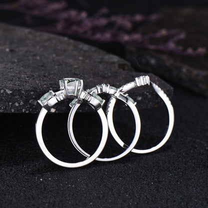Unique Kite Cut Moss Agate Engagement Ring Set Vintage Round Moissanite Half Eternity Ring Art Deco 14k Rose Gold 3pcs Bridal Ring Set Women