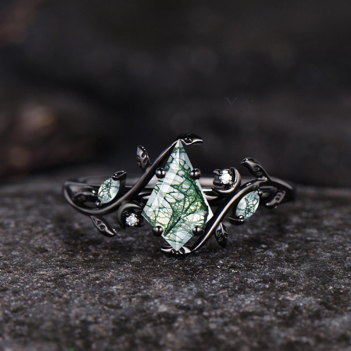 Art Deco Kite Cut Natural Green Moss Agate Engagement Ring Set Unique 14k Black Gold Leaf Vine Twig Branch Nature Inspired Ring Moon Ring