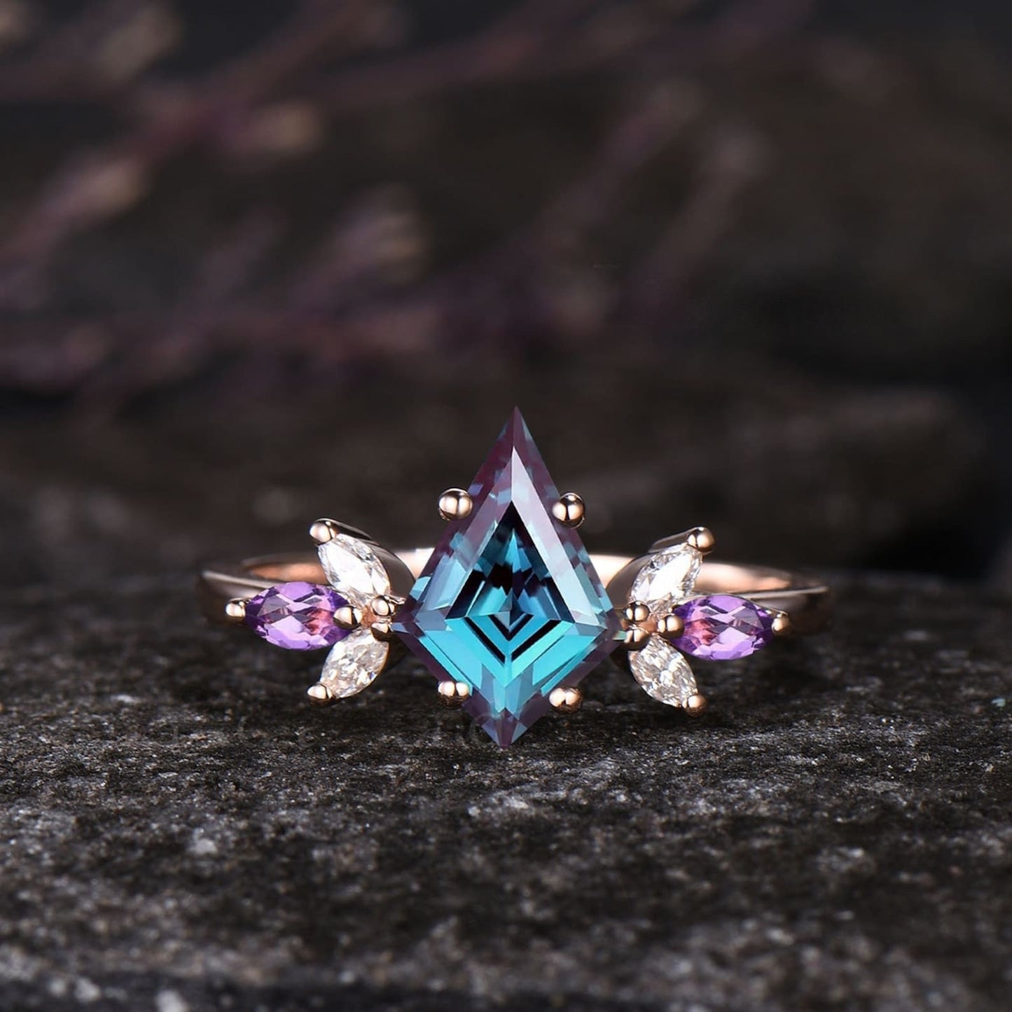 Unique Kite Cut Alexandrite Engagement Ring Set Vintage Natural Amethyst Moonstone Aquamarine Wedding Ring Art Deco 2pcs Bridal Ring Set