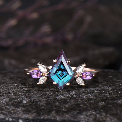 Unique Kite Cut Alexandrite Engagement Ring Set Vintage Natural Amethyst Moonstone Aquamarine Wedding Ring Art Deco 2pcs Bridal Ring Set