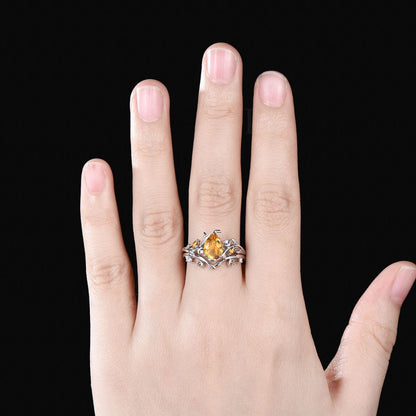 Dainty Pear Cut Natural Citrine Engagement Ring Set Unique Leaf Nature Inspired Ring Moon Ring November Birthstone Yellow Crystal Ring Women