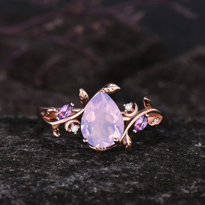 Teardrop Natural Lavender Amethyst Engagement Ring Set February Birthstone Amethyst Moon Ring Leaf Nature Inspired 2pcs Bridal Ring Set