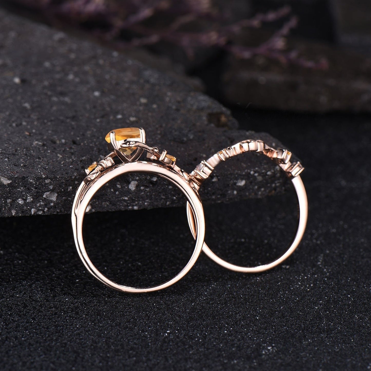 Dainty Pear Cut Natural Citrine Engagement Ring Set Unique Leaf Nature Inspired Ring Moon Ring November Birthstone Yellow Crystal Ring Women