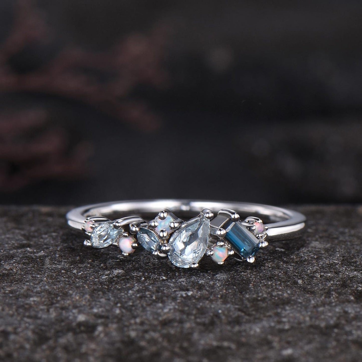 Unique Baguette Cut London Blue Topaz Wedding Band Women Minimalist Pear Aquamarine Opal Cluster Ring Delicate 14k Yellow Gold Bridal Gift