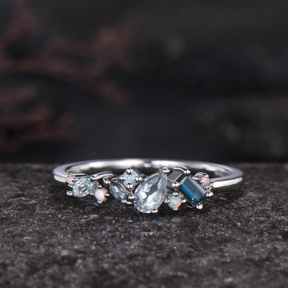 Unique Baguette Cut London Blue Topaz Wedding Band Women Minimalist Pear Aquamarine Opal Cluster Ring Delicate 14k Yellow Gold Bridal Gift
