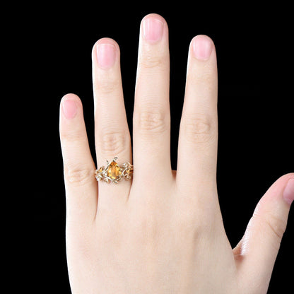 Dainty Pear Cut Natural Citrine Engagement Ring Set Unique Leaf Nature Inspired Ring Moon Ring November Birthstone Yellow Crystal Ring Women