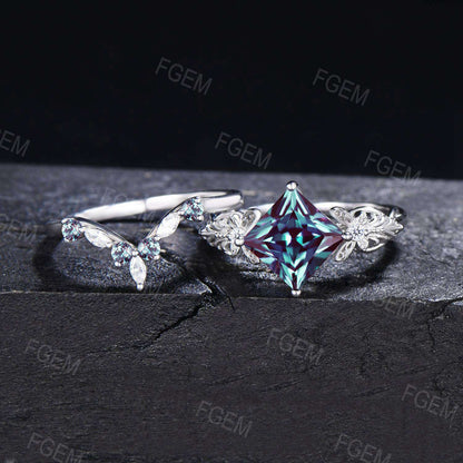 Butterfly Alexandrite Engagement Ring Set 7mm Princess Cut June Birthstone Bridal Ring Set 14k Gold Infinity Love Wedding Ring