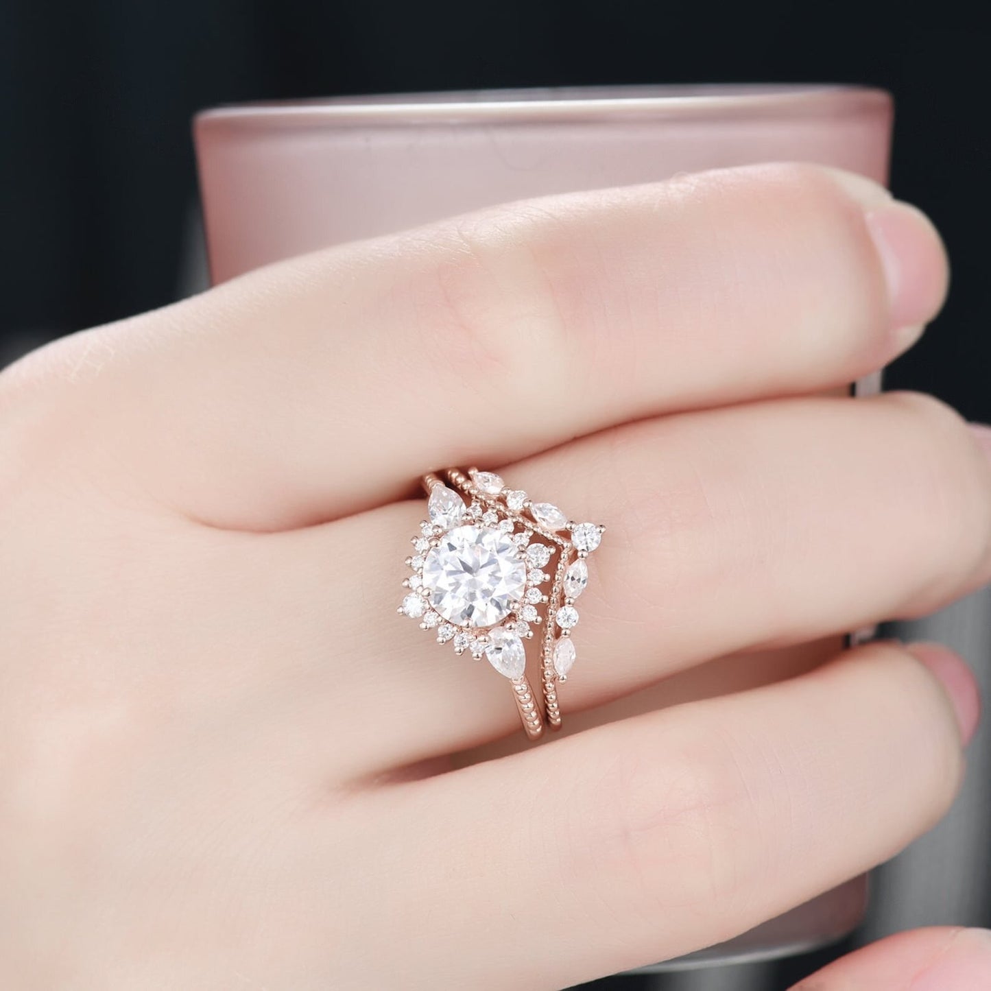 Vintage Moissanite Engagement Ring Set Rose Gold Wedding Ring Set Marquise Cluster Ring Art Deco Wedding Unique Bridal Anniversary Gift