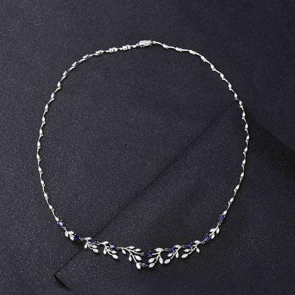 Lab-Created Blue Sapphire Necklace, Blue Gemstone Necklace,Leaf Marquise Moissanite Wedding Jewelry ,Vine Leaf Blue Bridal Wedding Necklace
