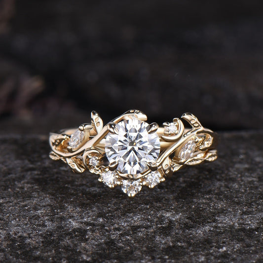 Unique Moon Leaf Nature Inspired Wedding Ring Set 1ct Round Diamond Moissanite Engagement Ring Set 14k Rose Gold 2pcs Bridal Ring Set Women