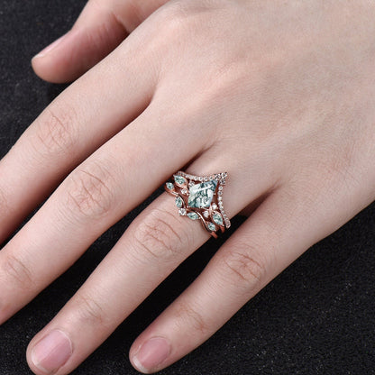 Unique Kite Cut Moss Agate Engagement Ring Set Vintage Round Moissanite Half Eternity Ring Art Deco 14k Rose Gold 3pcs Bridal Ring Set Women