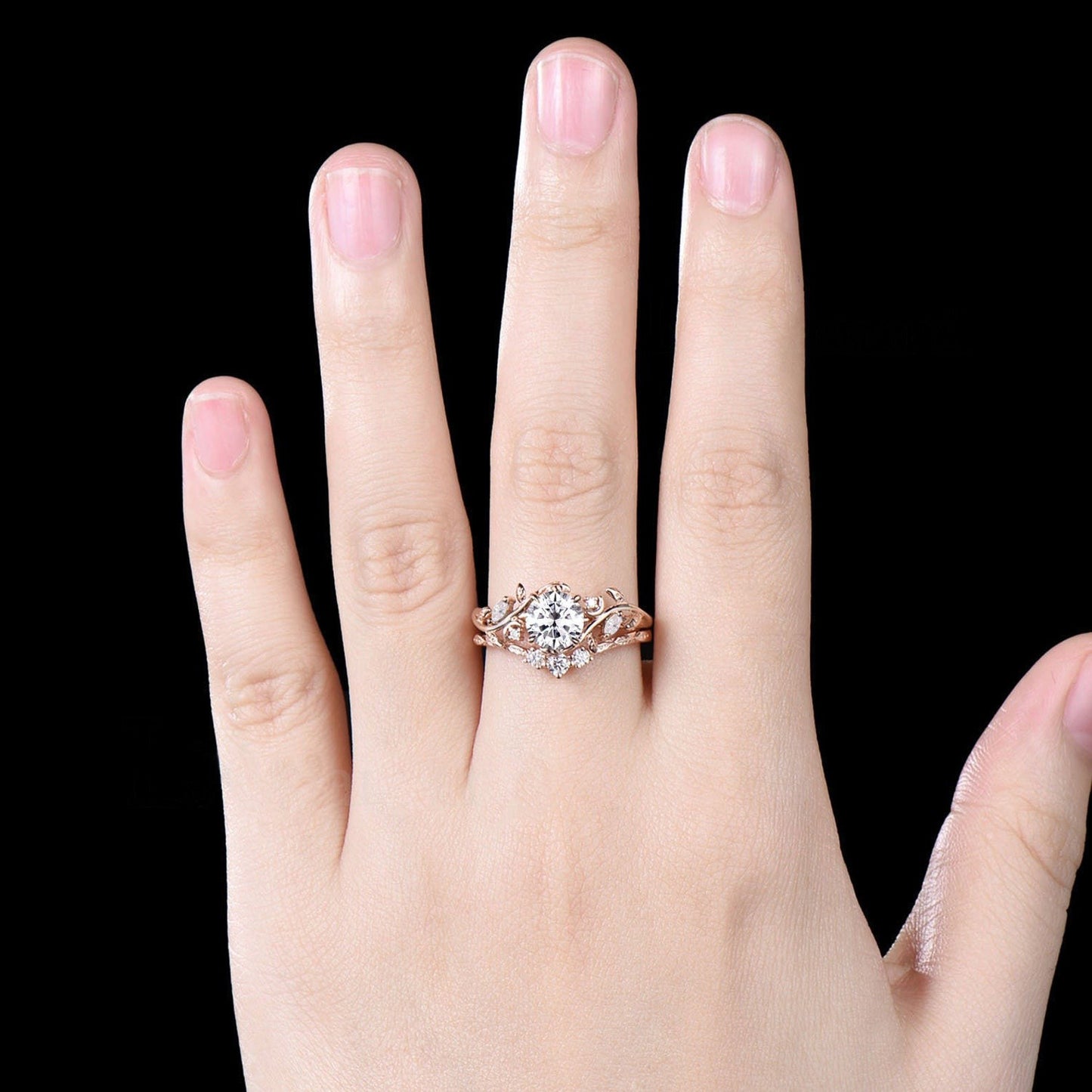 Unique Moon Leaf Nature Inspired Wedding Ring Set 1ct Round Diamond Moissanite Engagement Ring Set 14k Rose Gold 2pcs Bridal Ring Set Women