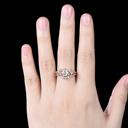 Unique Moon Leaf Nature Inspired Wedding Ring Set 1ct Round Diamond Moissanite Engagement Ring Set 14k Rose Gold 2pcs Bridal Ring Set Women