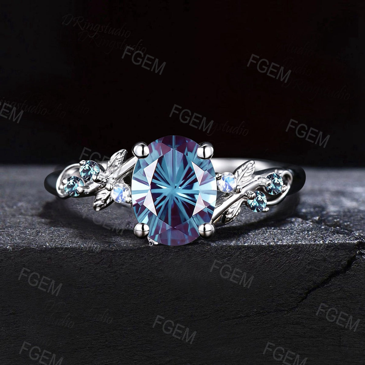 Fireworks Cut Alexandrite Oval Engagement Ring Set Vine Leaf White Gold Nature Inspired Moonstone Bridal Wedding Ring Set June Birthstone