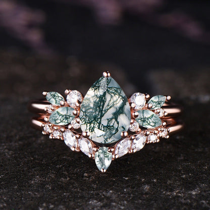 Unique Teardrop Moss Agate Engagement Ring Set Vintage Moissanite Cluster Wedding Ring 14k Rose Gold Sterling Silver 2pcs Bridal Ring Set