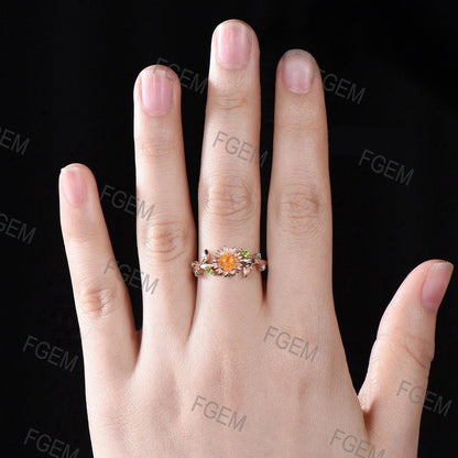 Sunflower Fireworks Cut Spessartite Garnet Engagement Ring Nature Inspired 18k Gold Women Proposal Ring Peridot Leaf Vintage Promise Ring