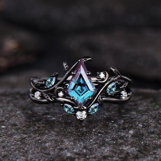 Kite Cut Alexandrite Engagement Ring Set Unique Leaf Vine Twig Branch Nature Inspired Ring Moon Ring June Birthstone 2pcs Bridal Ring Set