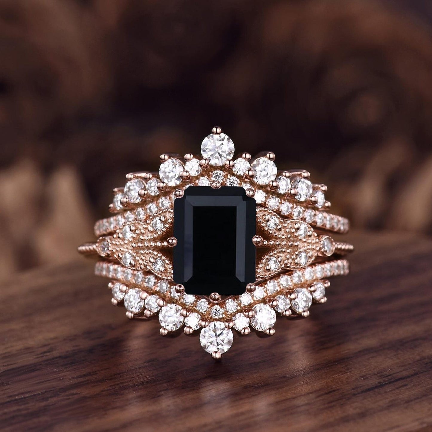 Vintage Black Onyx engagement ring set women rose gold Emerald cut engagement ring Unique Double curved stacking matching band Bridal Ring