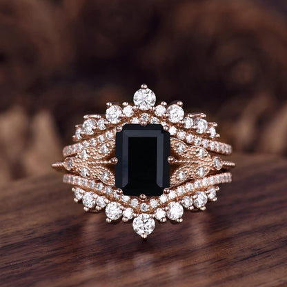 Vintage Black Onyx engagement ring set women rose gold Emerald cut engagement ring Unique Double curved stacking matching band Bridal Ring