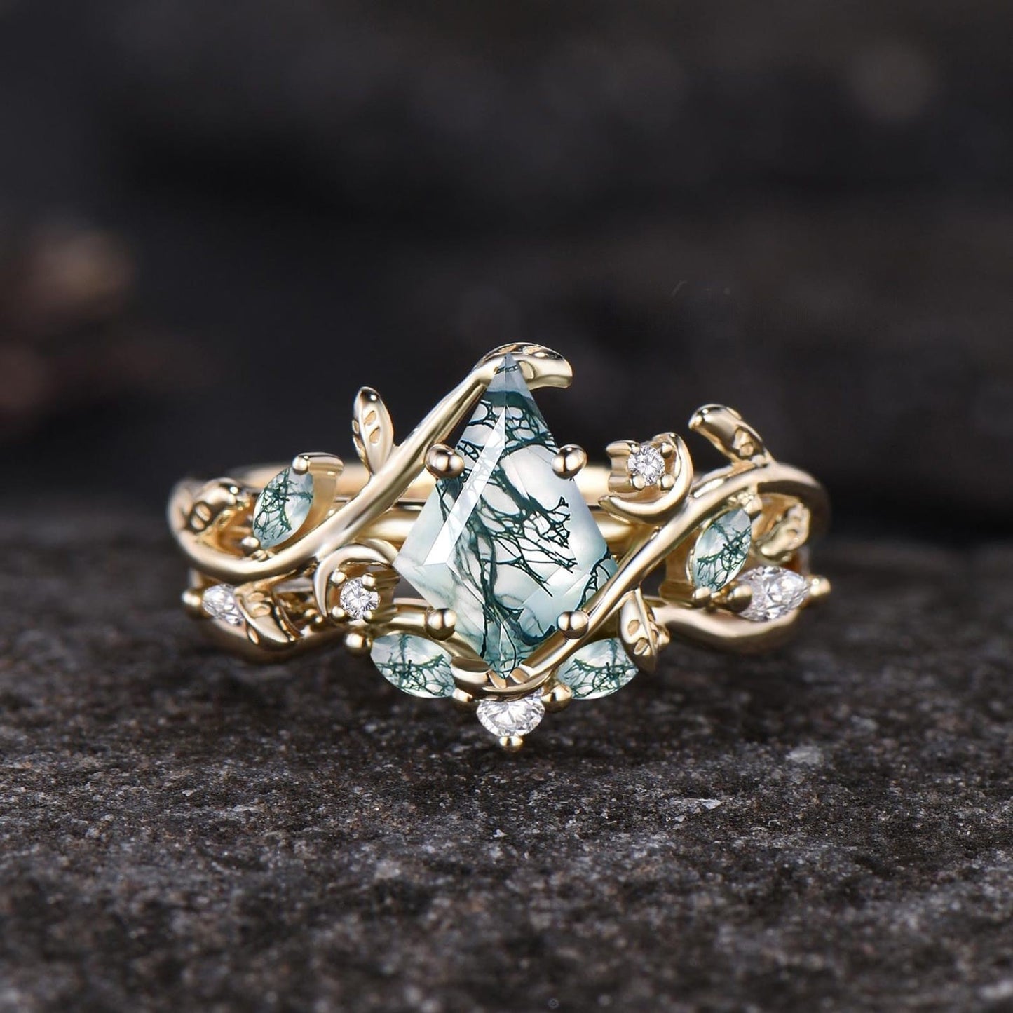 Art Deco Kite Cut Natural Green Moss Agate Engagement Ring Set Unique 14k Black Gold Leaf Vine Twig Branch Nature Inspired Ring Moon Ring