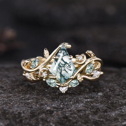 Art Deco Kite Cut Natural Green Moss Agate Engagement Ring Set Unique 14k Black Gold Leaf Vine Twig Branch Nature Inspired Ring Moon Ring