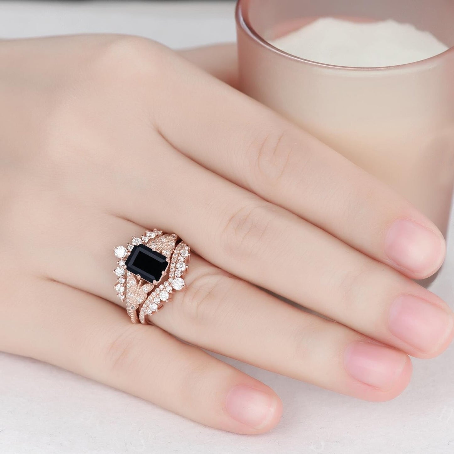 Vintage Black Onyx engagement ring set women rose gold Emerald cut engagement ring Unique Double curved stacking matching band Bridal Ring