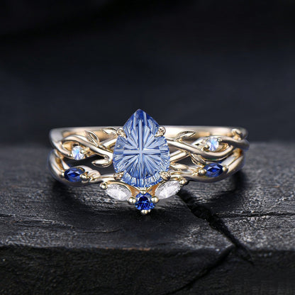 1.25CT Pear Cut Cornflower Blue Sapphire Engagement Ring Set White Gold Twig Vine Moonstone Sapphire Wedding Ring Fantasy Cut Bridal Ring
