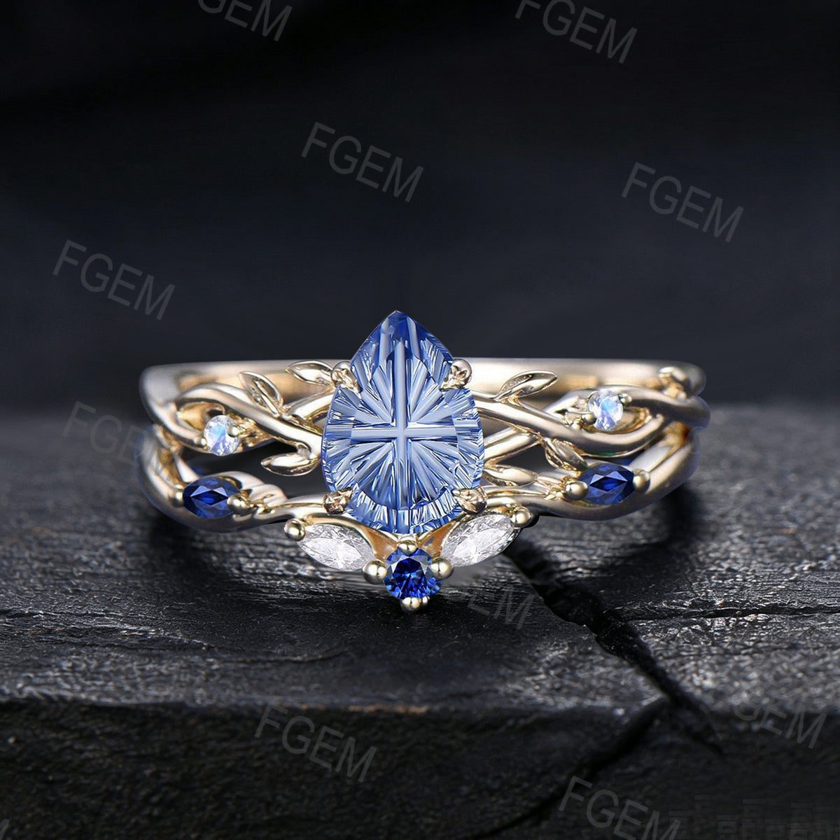 1.25CT Pear Cut Cornflower Blue Sapphire Engagement Ring Set White Gold Twig Vine Moonstone Sapphire Wedding Ring Fantasy Cut Bridal Ring