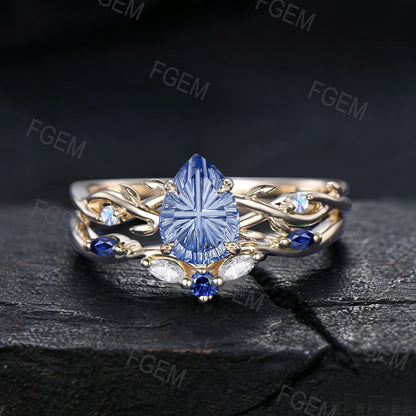 1.25CT Pear Cut Cornflower Blue Sapphire Engagement Ring Set White Gold Twig Vine Moonstone Sapphire Wedding Ring Fantasy Cut Bridal Ring