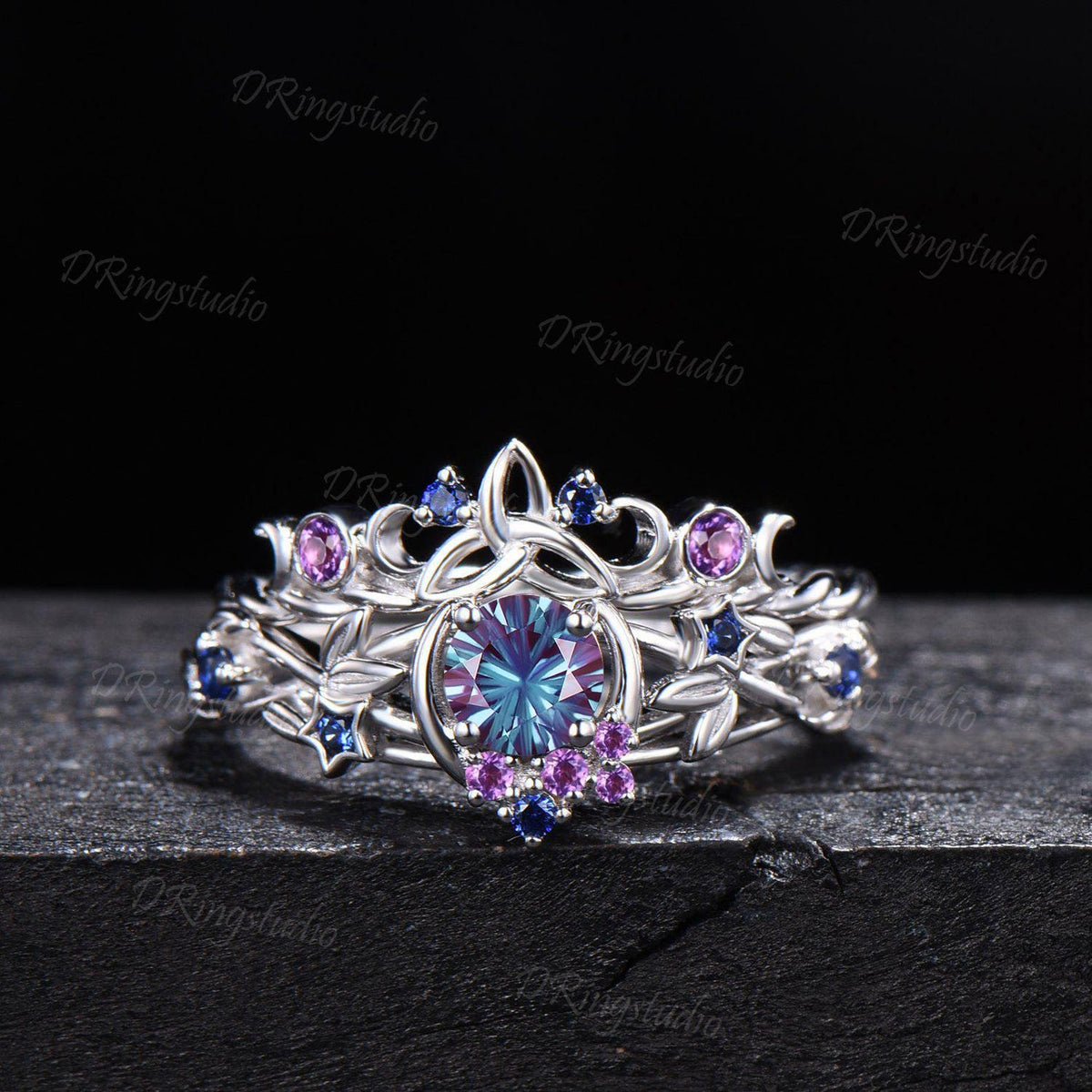 Unique Fireworks Cut Alexandrite Engagement Ring Set Moon Leaf Design Black Gold Amethyst Cluster Wedding Rings Alternative Bridal Gift