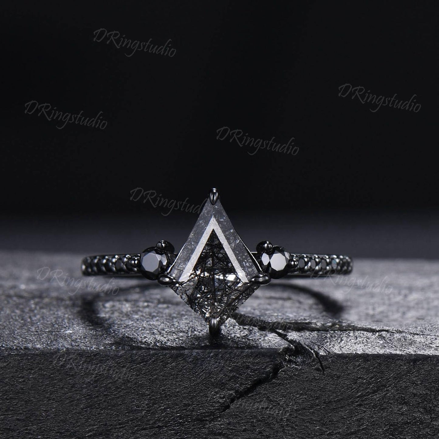 Retro Kite Black Rutilate Quartz Engagement Ring,Vintage Black Silver Ring Set,Unique Black Spinel Diamond Promise Ring Anniversary Gift