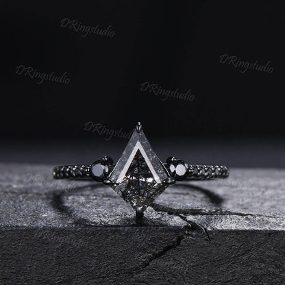 Retro Kite Black Rutilate Quartz Engagement Ring,Vintage Black Silver Ring Set,Unique Black Spinel Diamond Promise Ring Anniversary Gift