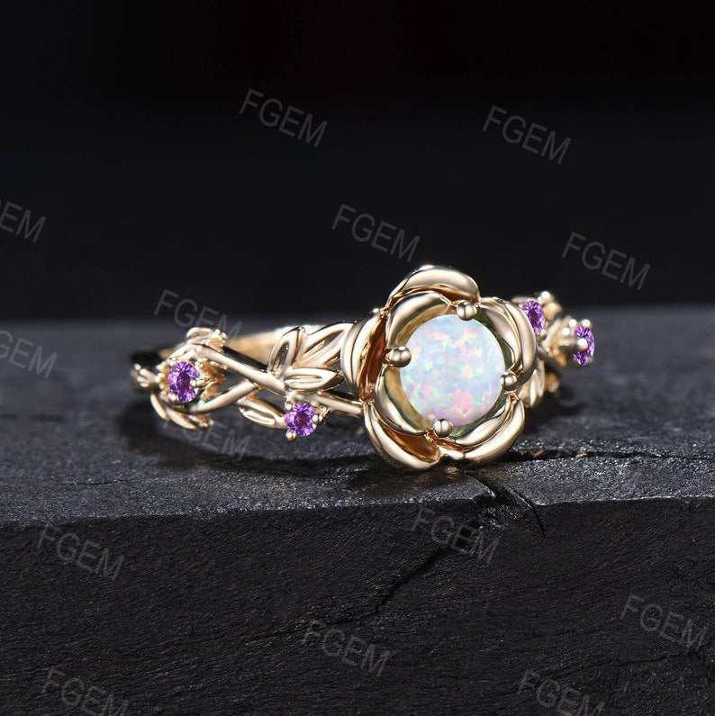 Gold Floral Engagement Ring 5mm Round Cut White Opal Twist Wedding Ring Nature Inspired Leaf Opal Jewelry Rose Flower Amethyst Promise Ring