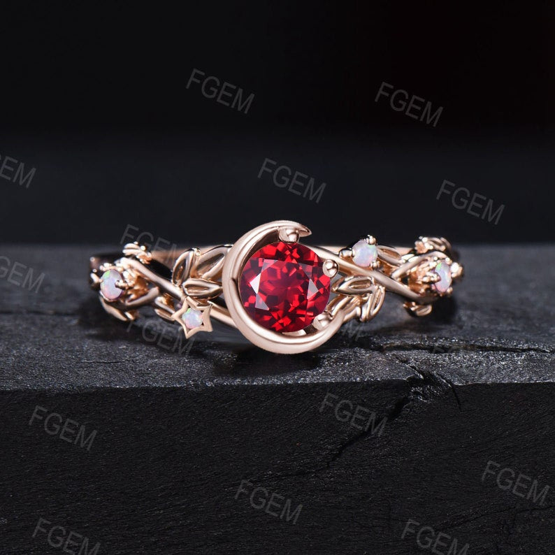 Moon Star Design 5mm Ruby Opal Jewelry 10K Yellow Gold Nature Inspired Red Ruby Promise Ring Anniversary Ring For Women July Birthstone Gift