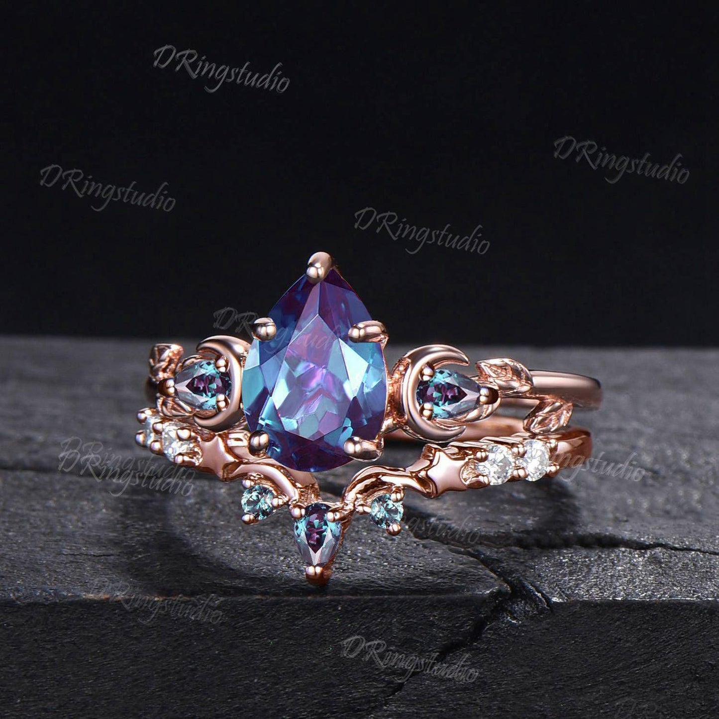 14k Rose Gold Teardrop Alexandrite Engagement Ring Unique Moon Star Wedding Ring Set Moon Leaf Bridal Ring Set June Birthstone Proposal Gift