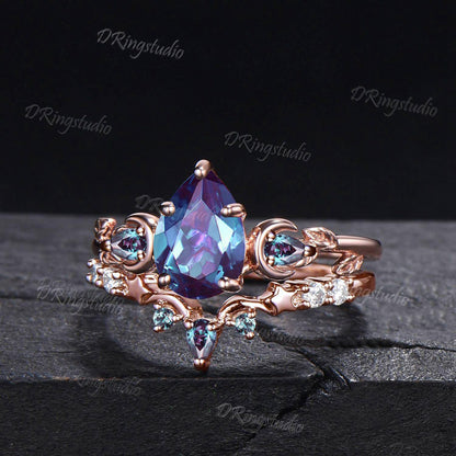 14k Rose Gold Teardrop Alexandrite Engagement Ring Unique Moon Star Wedding Ring Set Moon Leaf Bridal Ring Set June Birthstone Proposal Gift